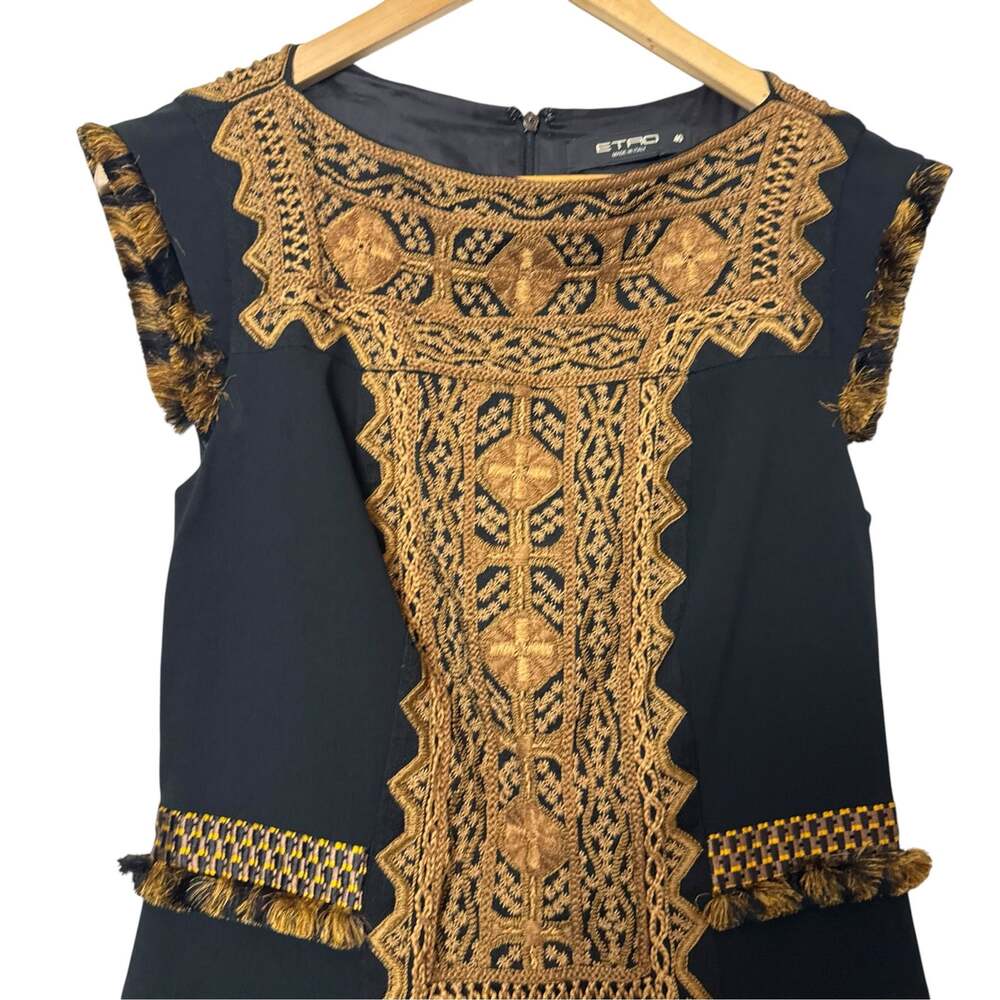 Etro Black Gold Boho Embroidered Tassel Pleated Cap Sleeve Mini Dress Size 4 - Picture 6 of 14